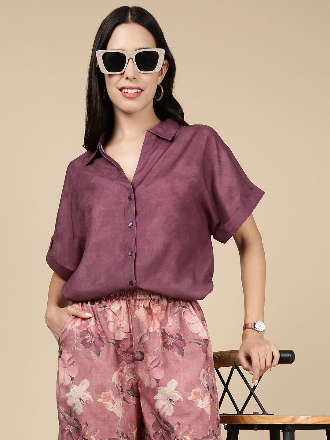 De Moza Floral Printed Extended Sleeves Top