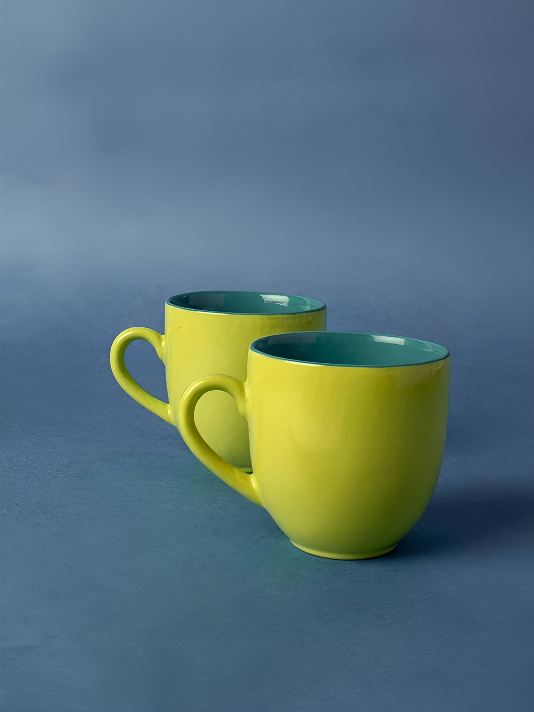 FREEDOM TREE Set of 2 Green & Yellow Handcrafted Solid Ceramic Matte Mugs
