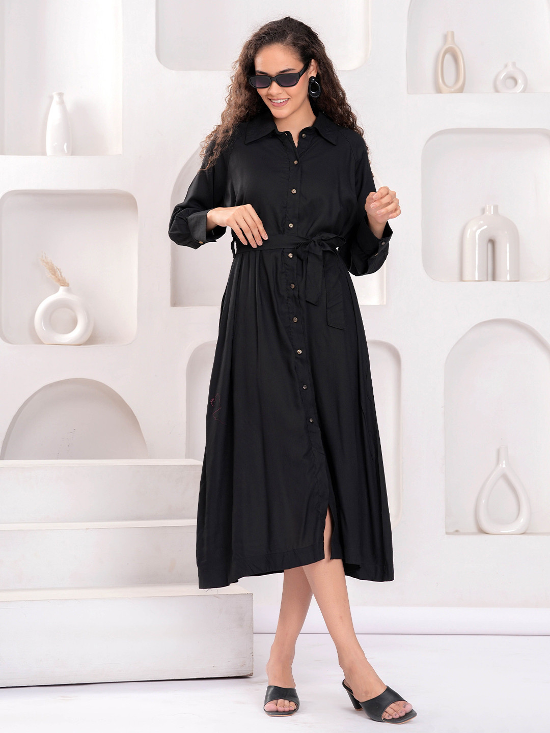 HIGHLIGHT FASHION EXPORT Shirt Collar Cuffed Sleeves Shirt Midi Dress With Tie-Ups Details