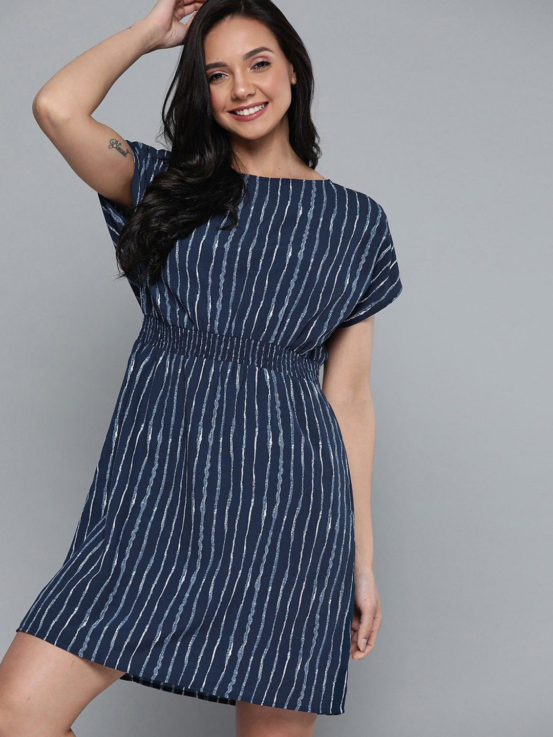 ANJIR Striped Extended Sleeve Smocked Fit & Flare Dress