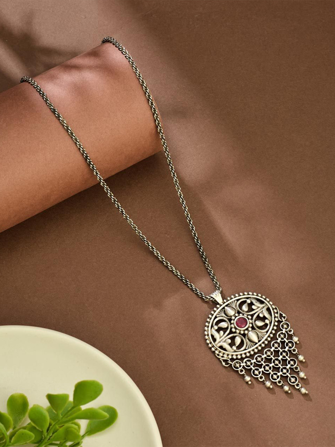 Fabindia Women Oxidised Stone Studded Pendant With Long Chain