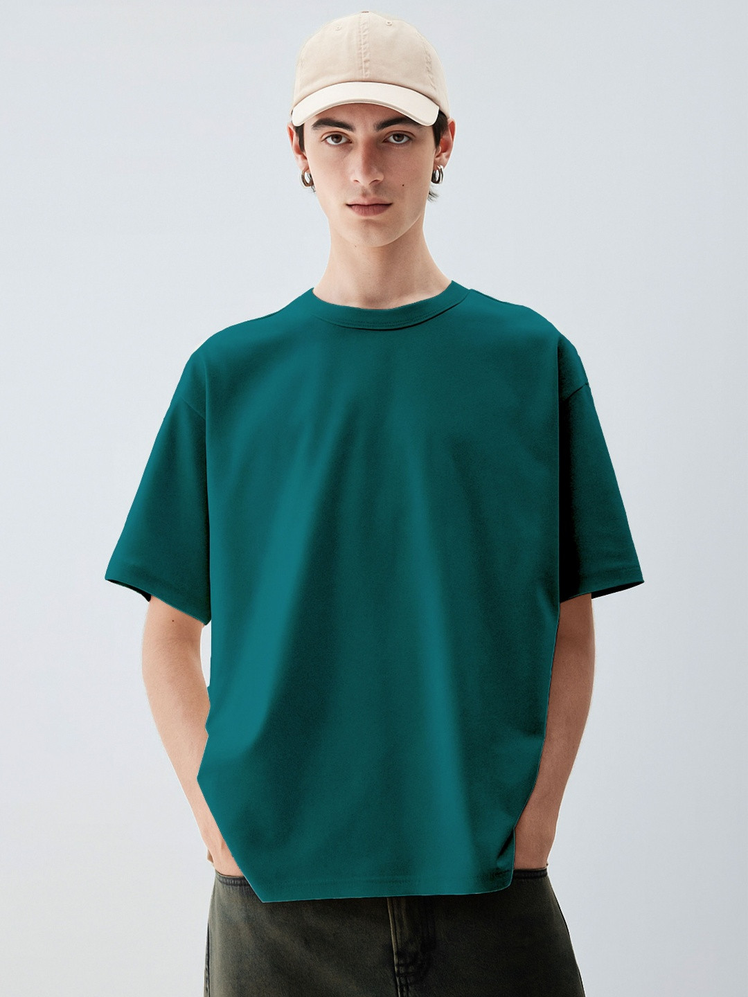 WHITE HUSK Solid Oversized Cotton T-shirt