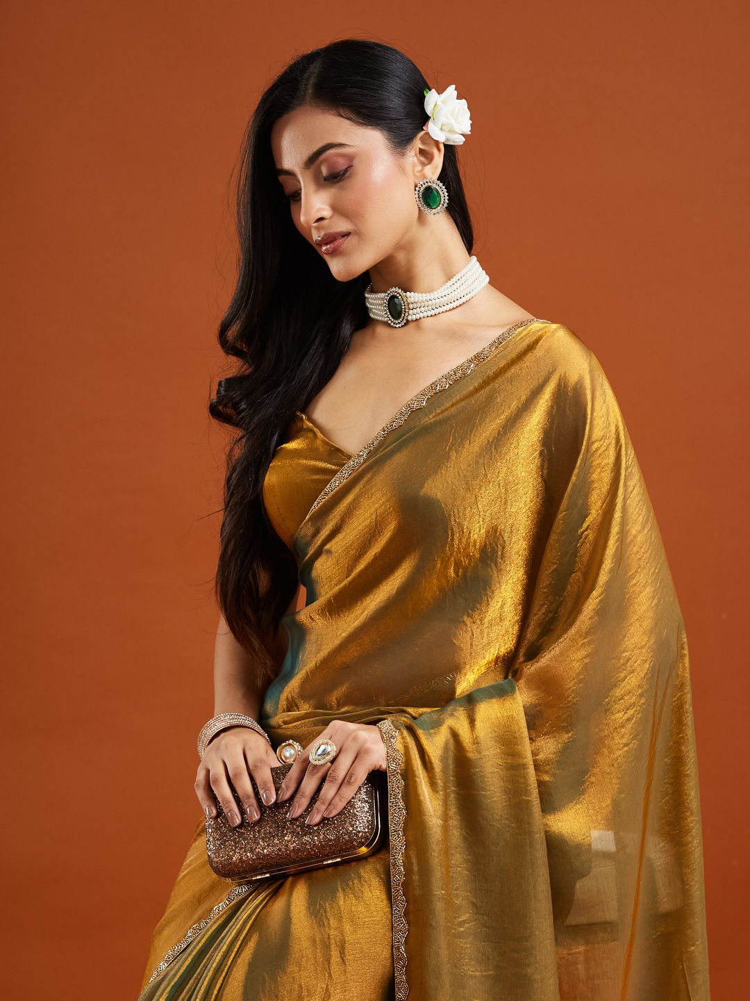 LOROFY Embellished Beads and Stones Soft Zimmy Choo Pure Chiffon Saree