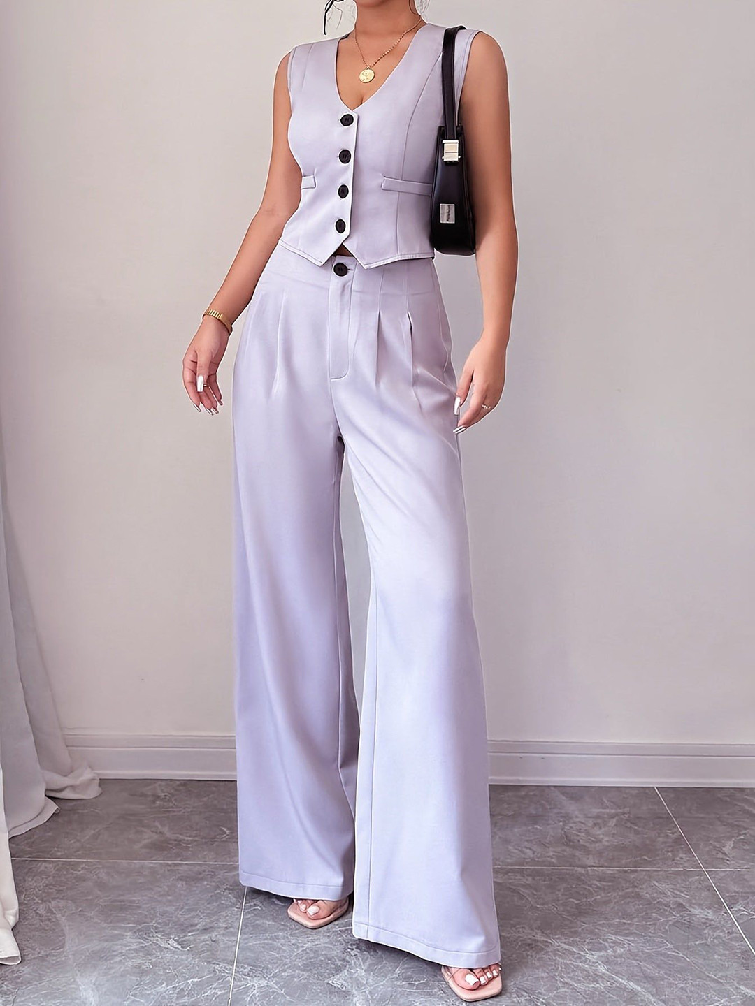 Purple Solid Waistcoat and Trousers Co-Ords