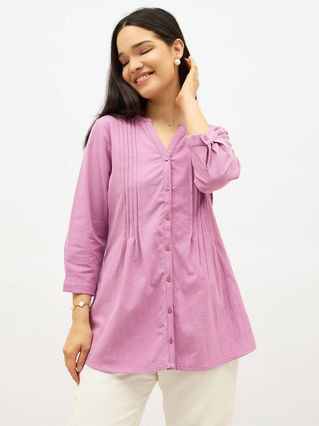 SALT ATTIRE Latigo Bay Women Mandarin Collar Shirt Style Top