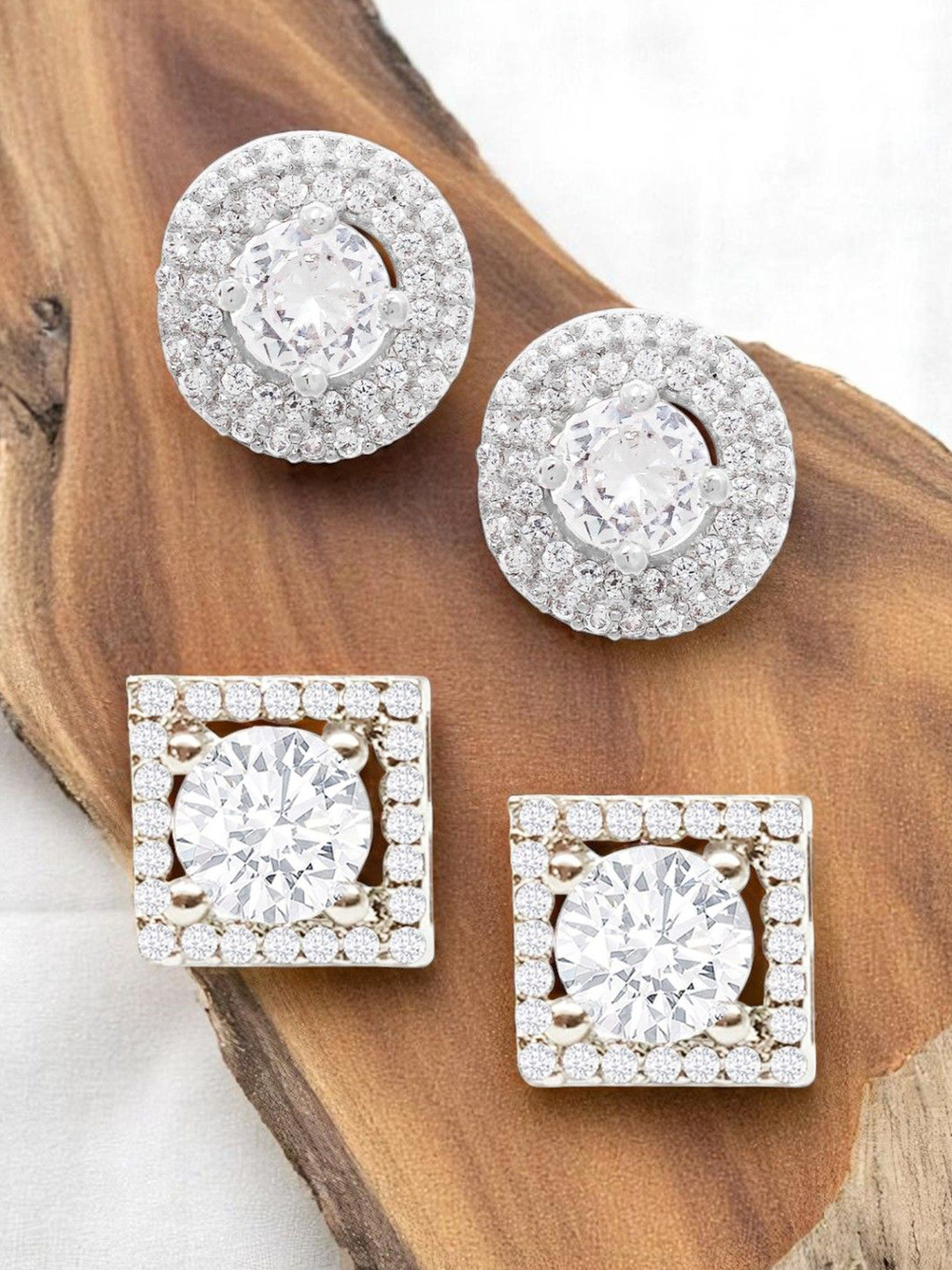 fabula Women Set of 2 Cubic Zirconia Round and Square Contemporary Stud Earrings