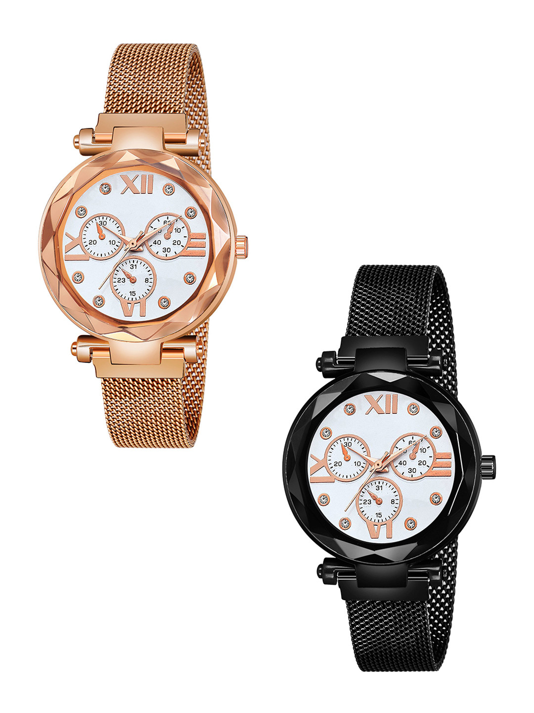 CSAMON Women Pack of 2 Analogue Watch Mina White Dial Rosegold Black Maganet