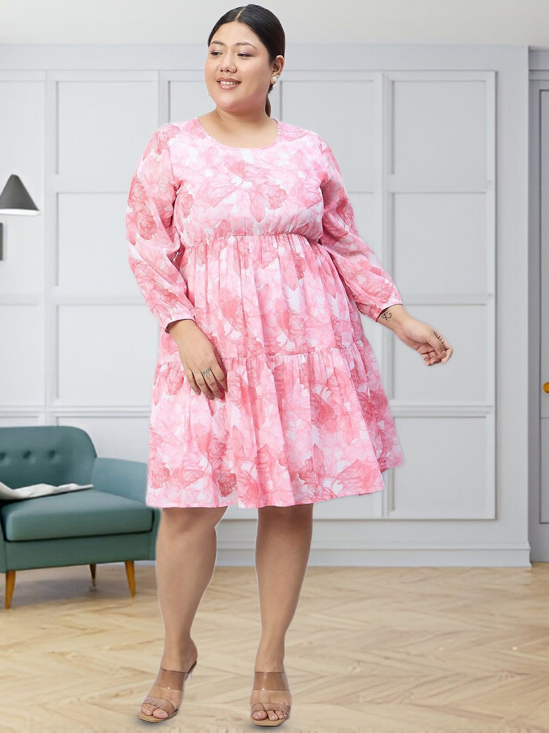 Sztori Women Floral Printed Puff Sleeve Georgette Bodycon Plus Size Midi Dress