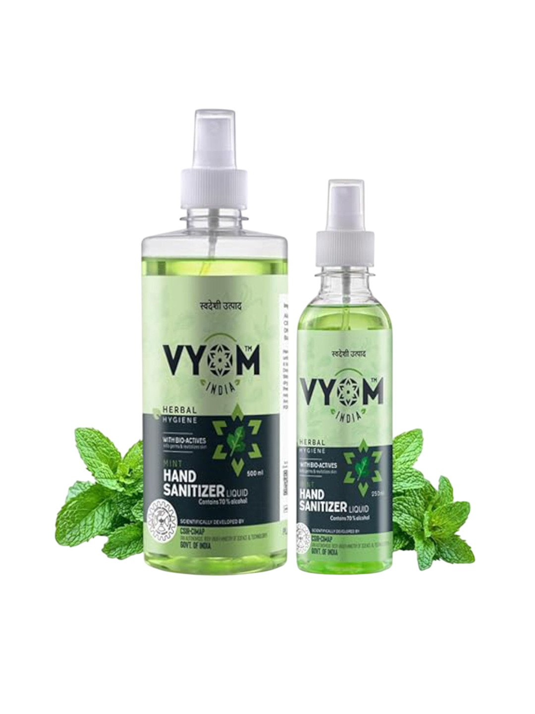 VYOM INDIA ORGANICS Set Of 2 Mint Hand Sanitizer Spray - 500 ml & 250 ml