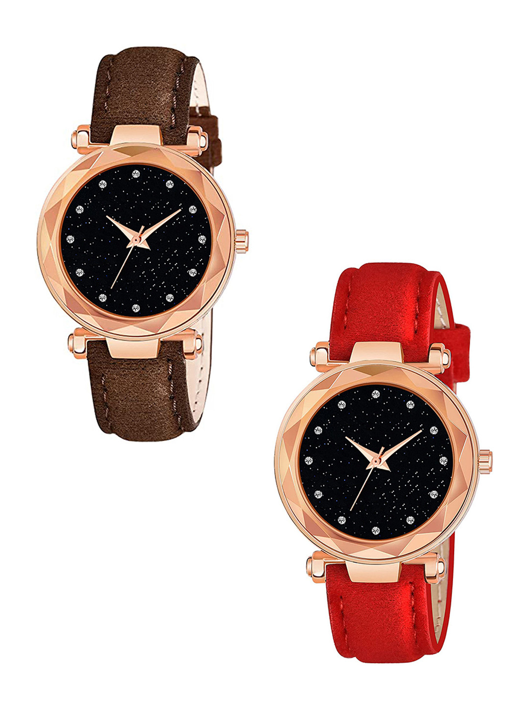 CSAMON Women Pack Of 2 Embellished Dial Analogue Watch GR379RG 12D BRO RED Vel L