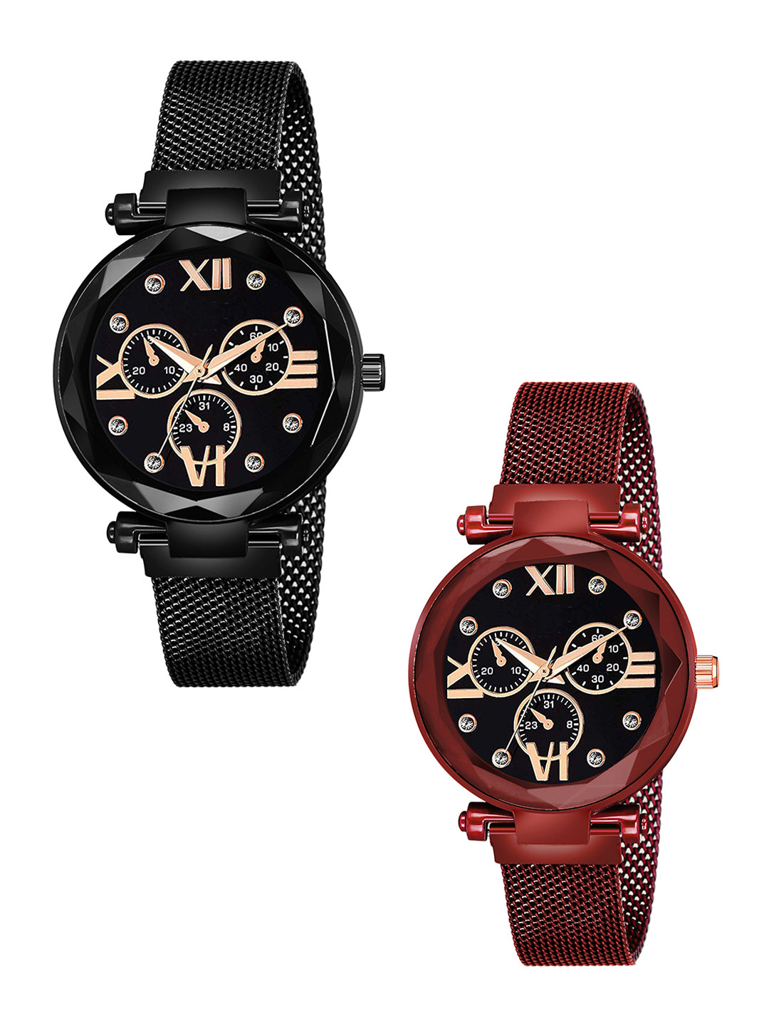 CSAMON Women Pack of 2 Embellished Round Button Regular Analogue Watches-Maganet