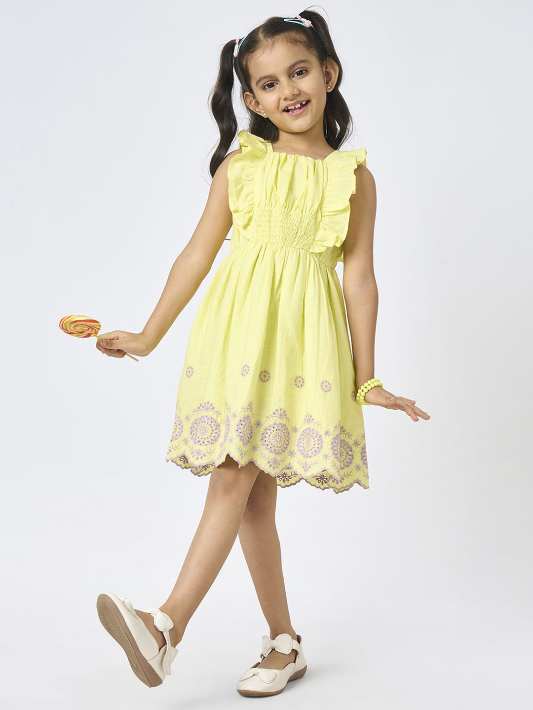 Ed-a-Mamma Girls Square Neck Schiffli Cotton Fit & Flare Dress