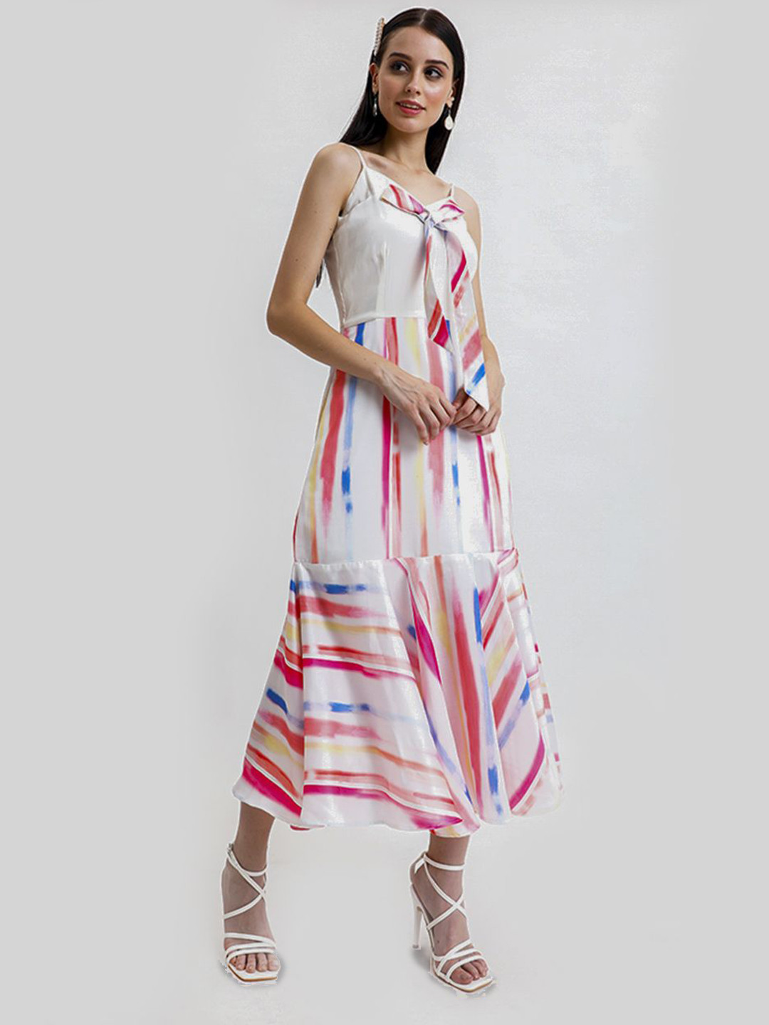 Golden Mirror Women Abstract Printed Bow Satin Fit and Flare Midi Dress