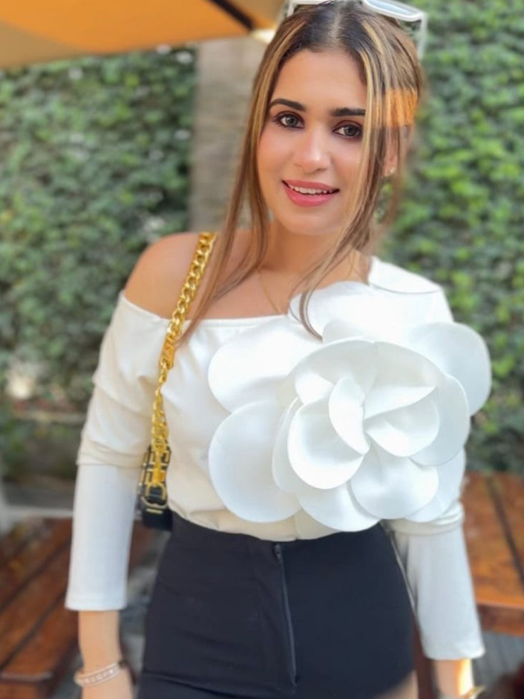 TRENBEE Women Solid Flower Blouse One Shoulder Long Sleeves Top