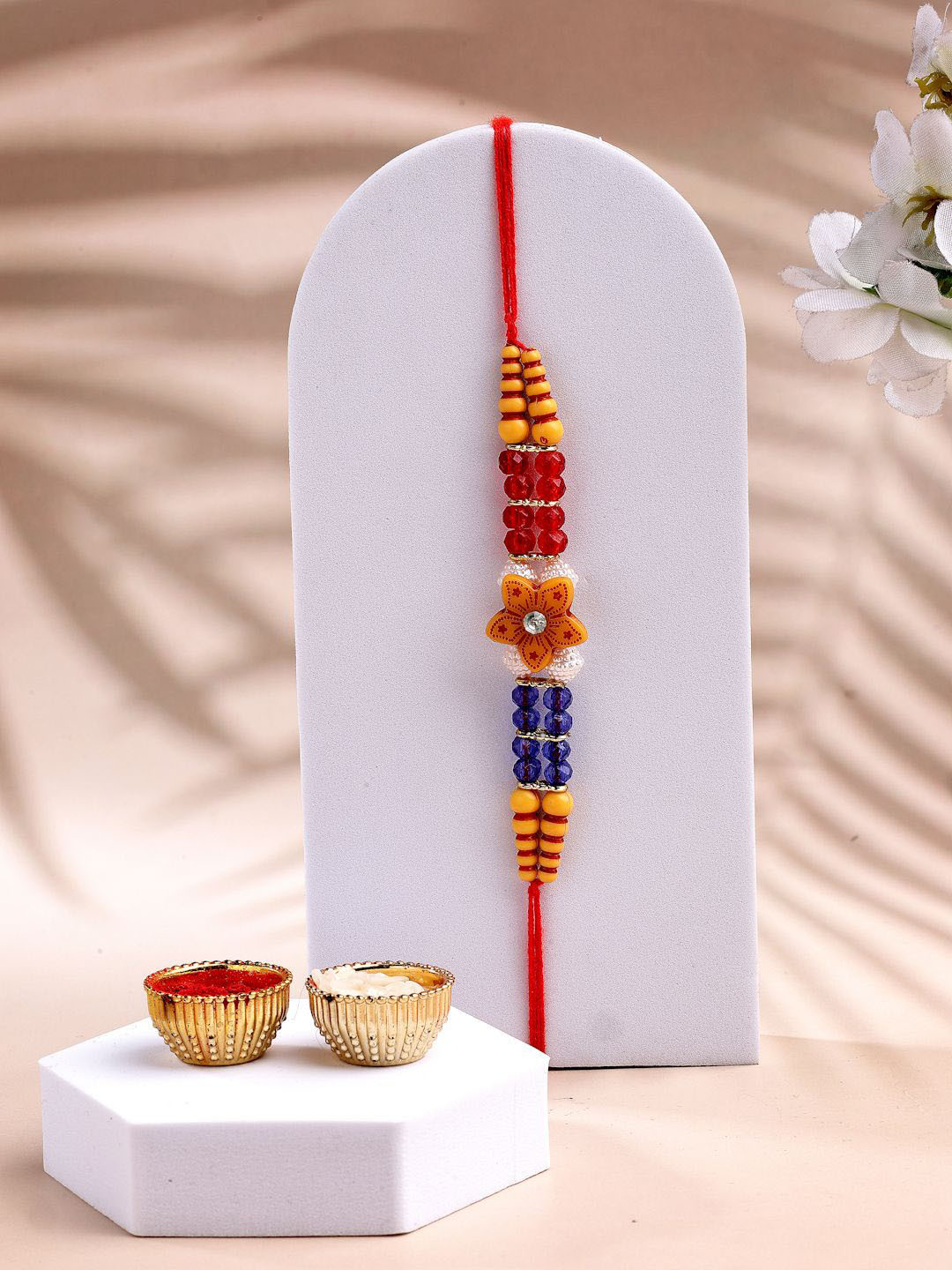 ADIVA Handmade Floral Beads Thread Rakhi with Roli Chawal Chandan & Meshrei Card