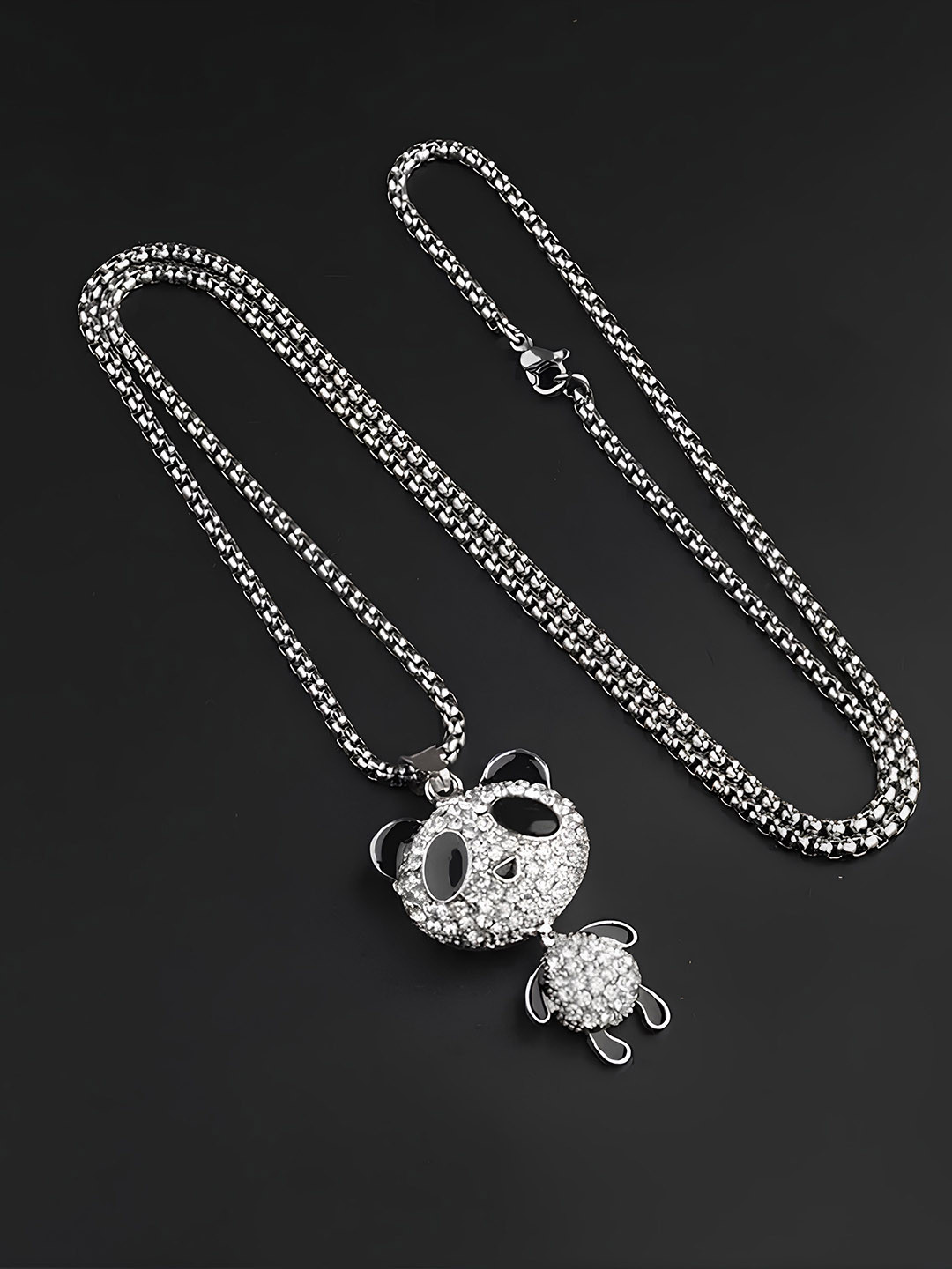 KARISHMA KREATIONS  Stainless Steel Silver-Plated CZ Studded Panda Pendant With Chain