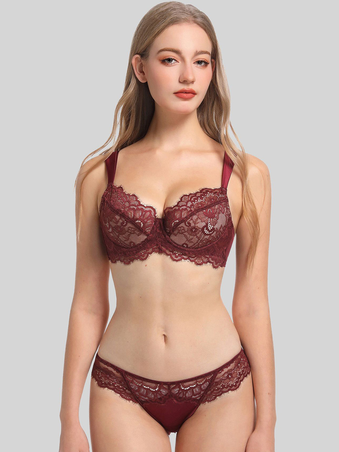 LULU & SKY Self-Designed Lightly-Padded Laced Lingerie Set STY-478533-WINE RED