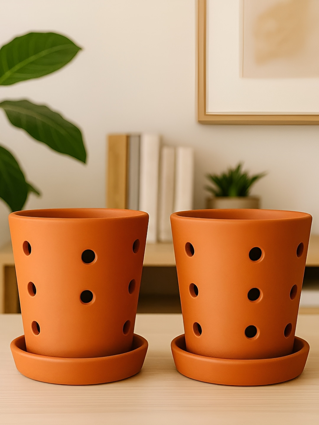 The handicraftian Cone Orchid 2 Pieces Orange Terracotta Medium Planters
