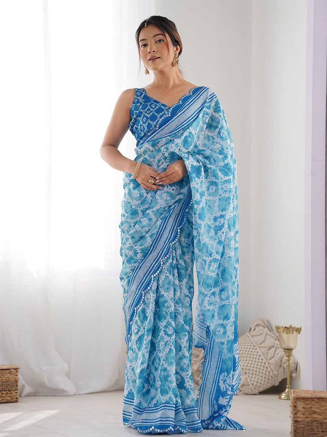 ODETTE Sky Georgette Printed Saree For Women