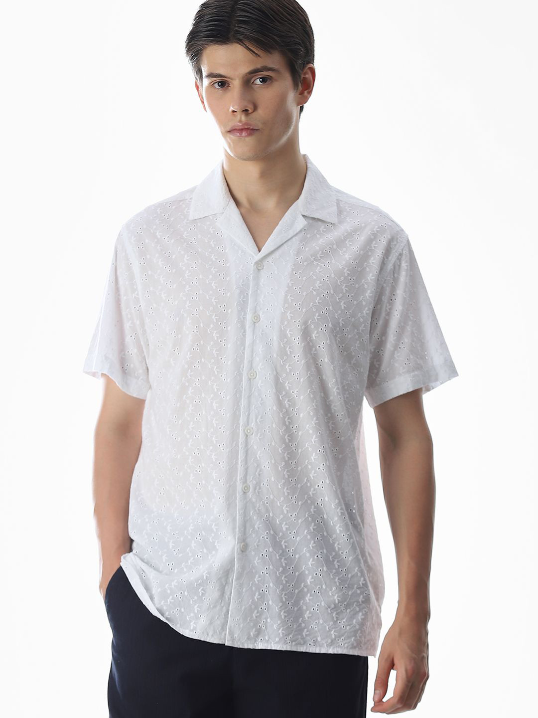 Jack & Jones Relaxed Fit Cuban Collar Self Design Pure Cotton Opaque Shirt