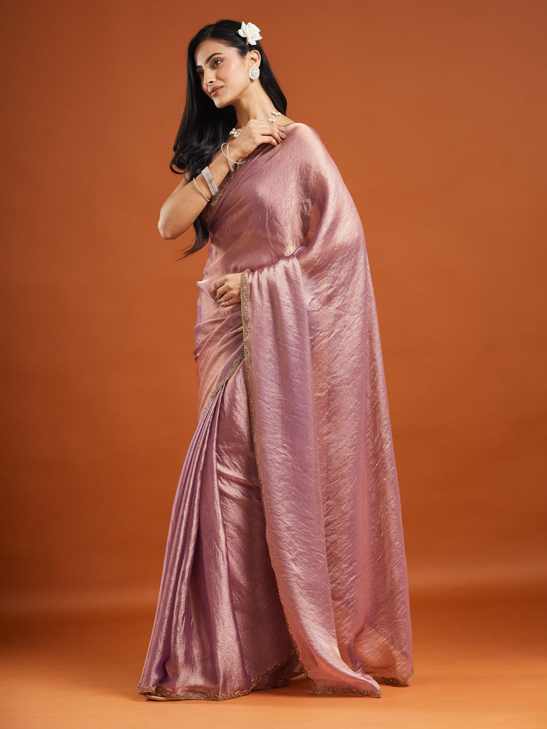 LOROFY Woven Design Beads and Stones Pure Chiffon Saree
