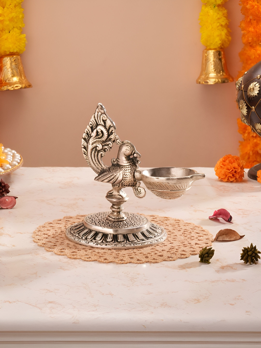 Homspurts Silver Antique German Peacock Glow Diya