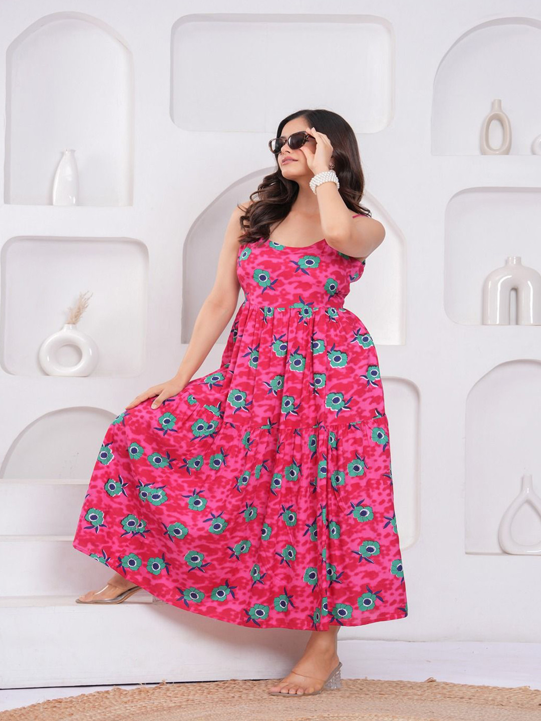 MANOJAVA Floral Printed Shoulder Straps Fit & Flare Midi Dress