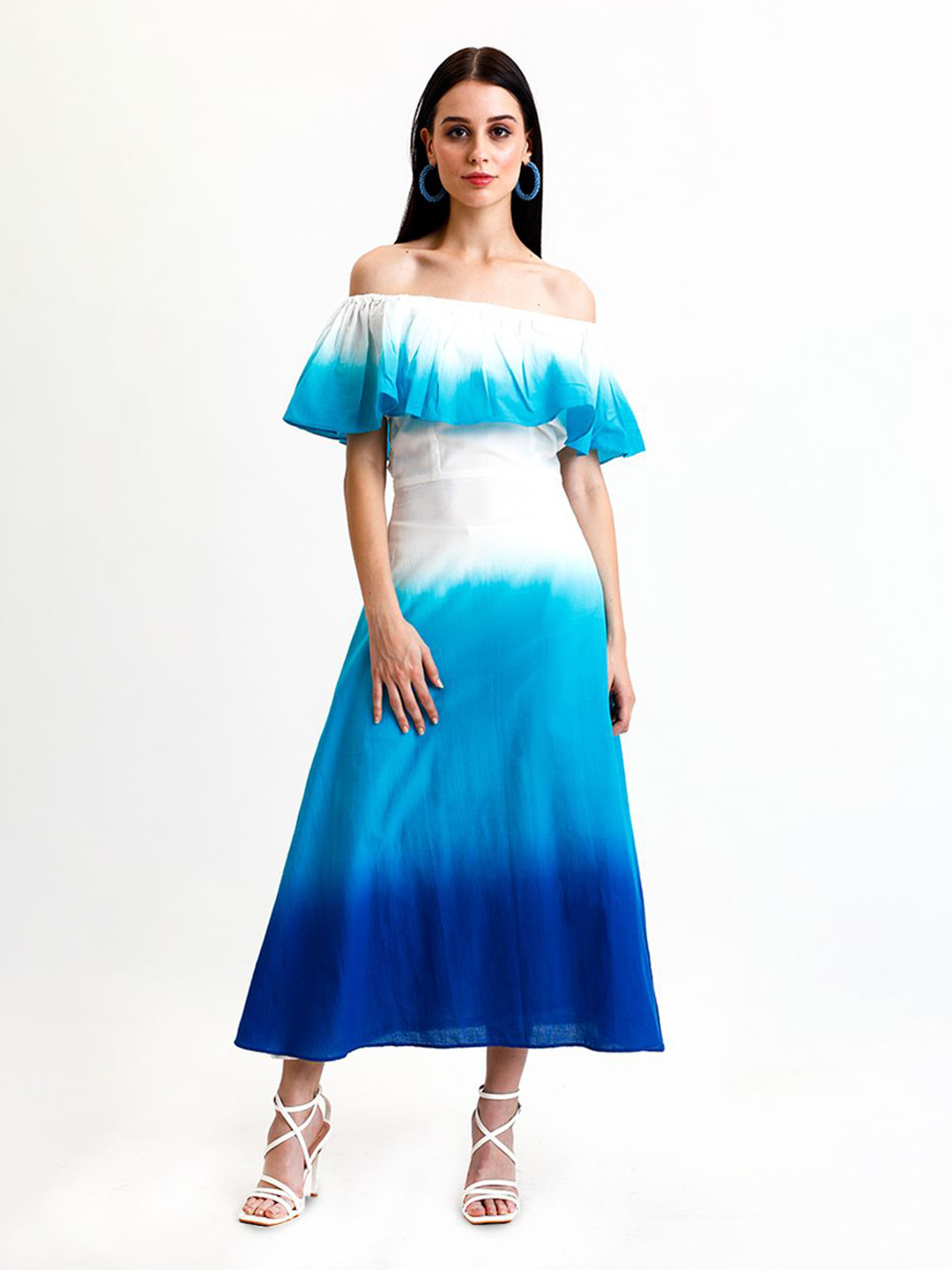 Golden Mirror Women Dyed Off-Shoulder  Ruffled A-Line Midi Dress