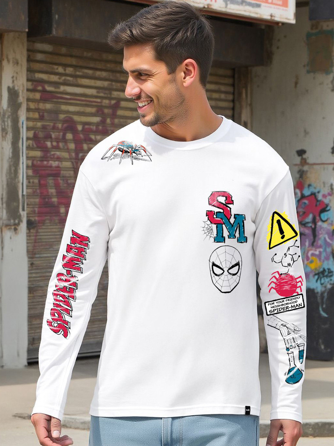 Bewakoof OFFICIAL MARVEL MERCHANDISE Men's White Spider Graphic Printed T-shirt