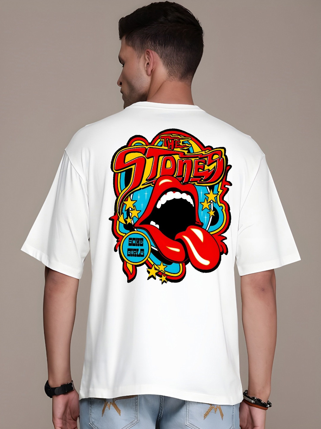 KAIDO Men The Rolling Stones Graphic Printed Round Neck Cotton Oversized T-shirt