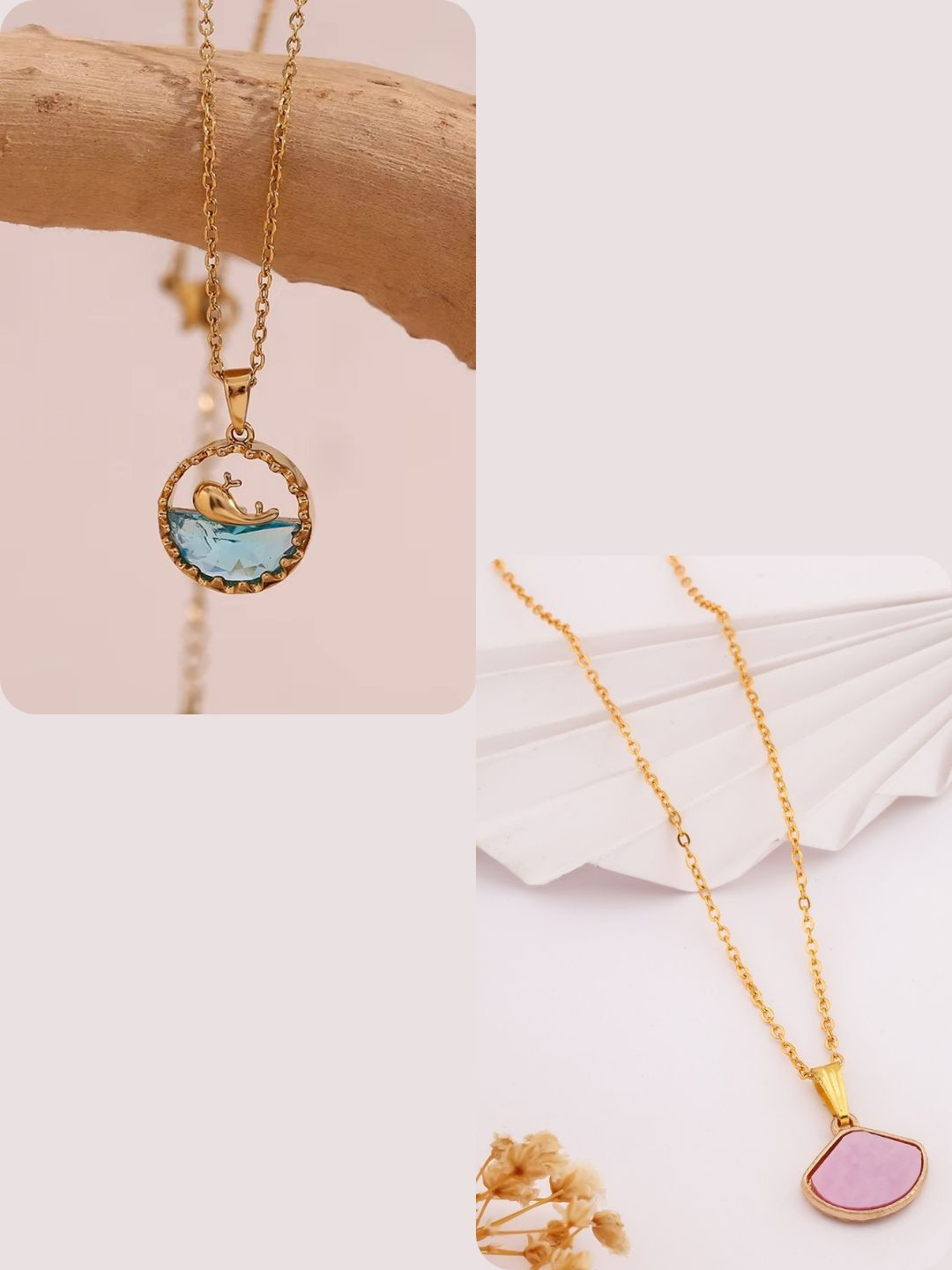 DressBerry Pink Set Of 2 Gold-Plated Rhinestone-Studded Pendants With Chains