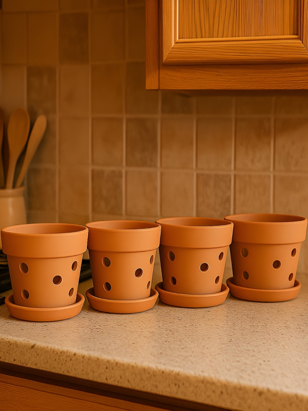 The handicraftian Gamala Orchid 4 Pieces Orange Terracotta Medium Planters