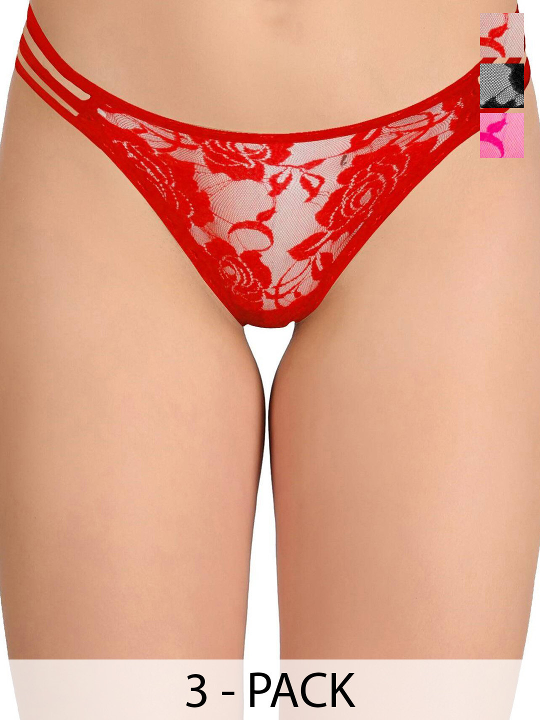 DHANDAI FASHION Pack Of 3 Low Rise Cotton Bikini Briefs UG-03 Panty (DC-M-1)Black Red Pink