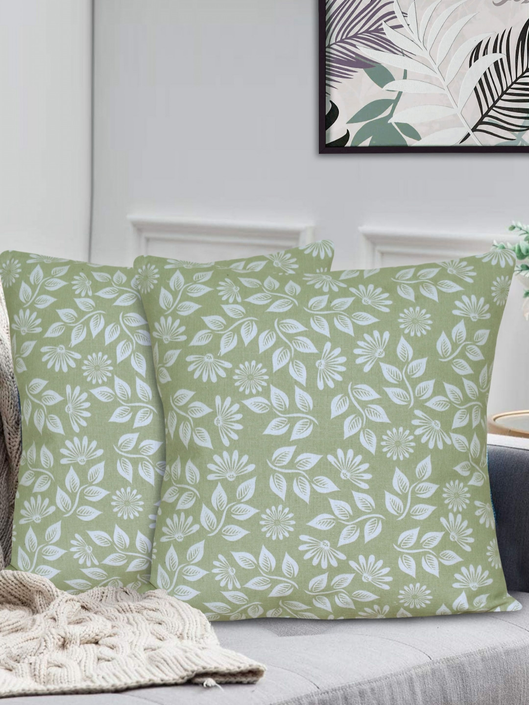 HOME COLORS.IN Green & White 2 Pieces Floral Printed Square Cushion Covers