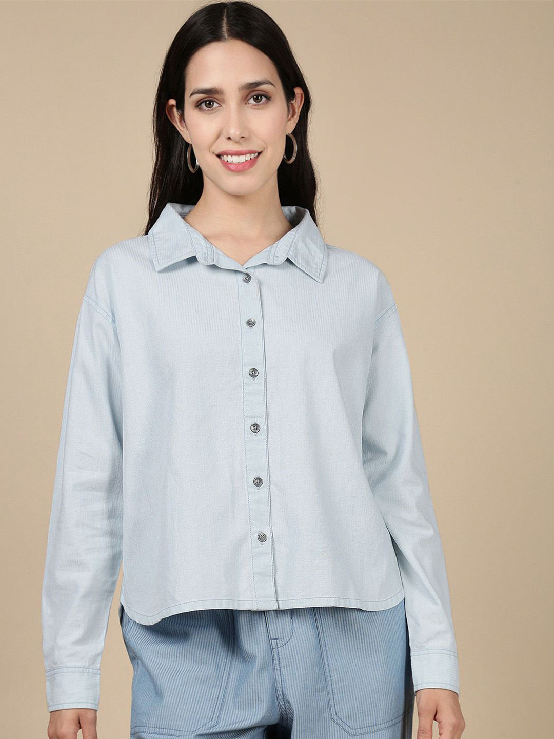 De Moza Women Striped Relaxed Fit Cotton Denim Shirt