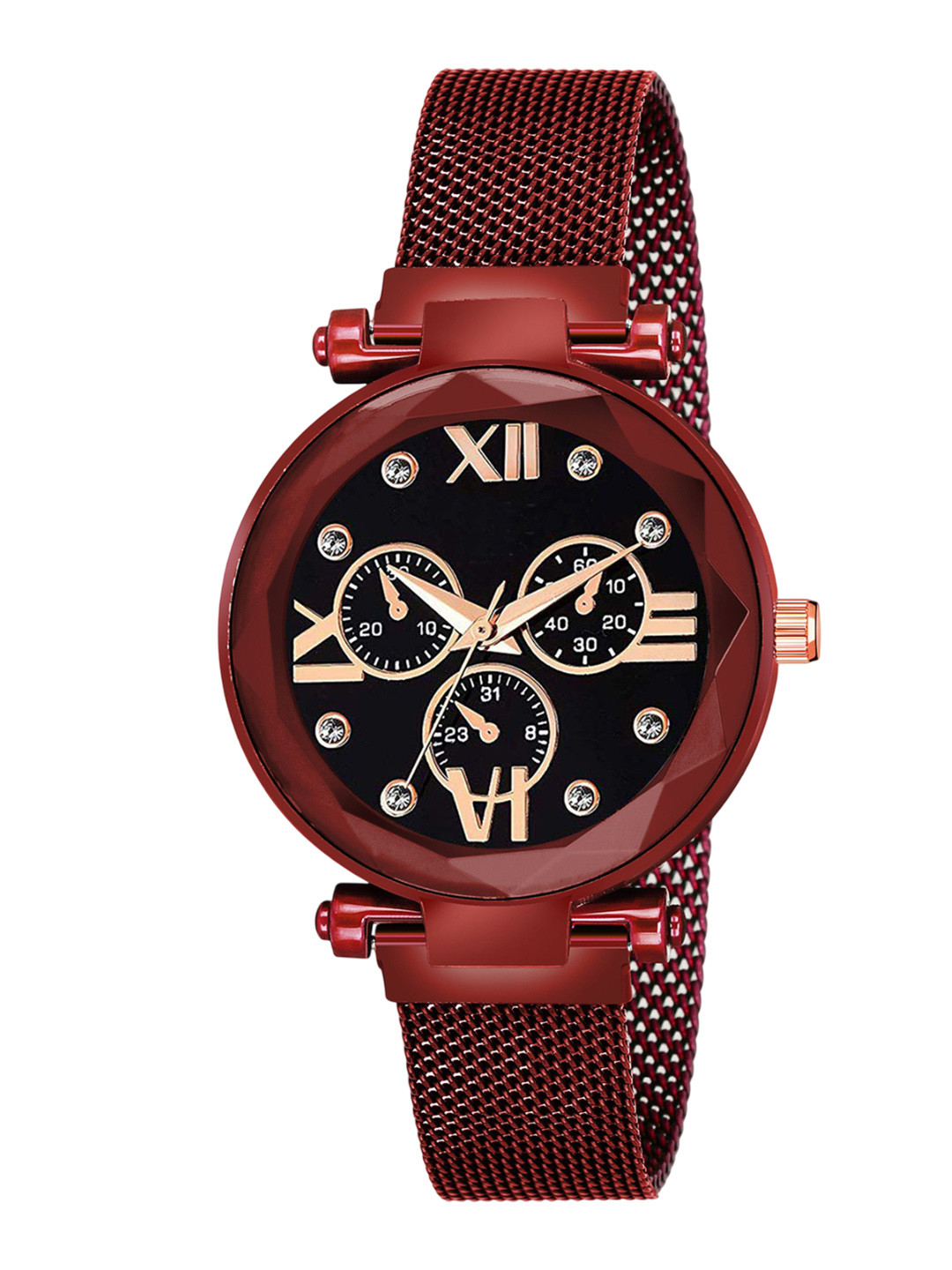 CSAMON Women Round Dial & Bracelet Style Straps Analogue Watch Mina Black dial Red Maganet