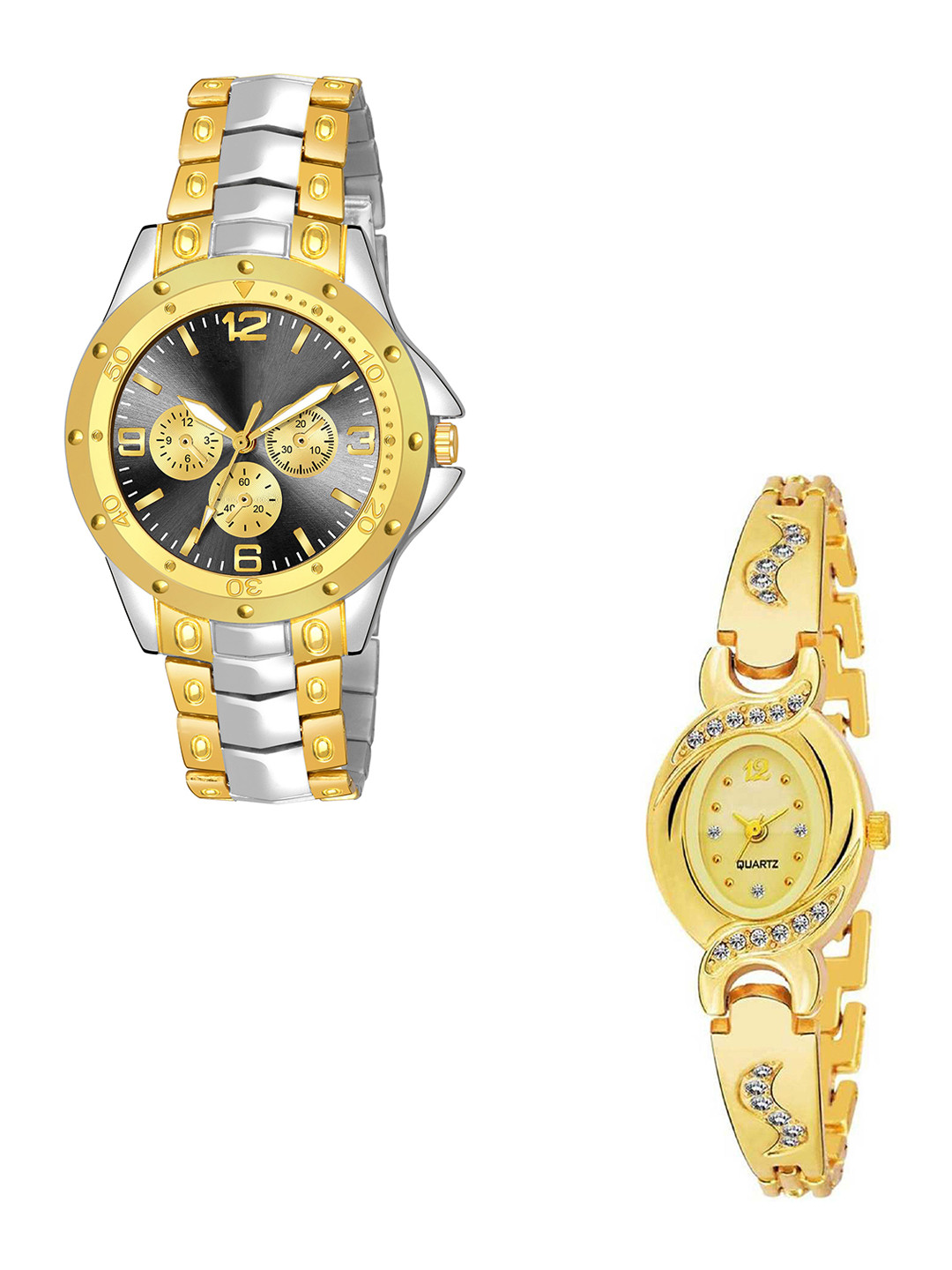 CSAMON Unisex Pack Of 2 Embellished Analogue Watch rosra Sliver gold black dial New AKS