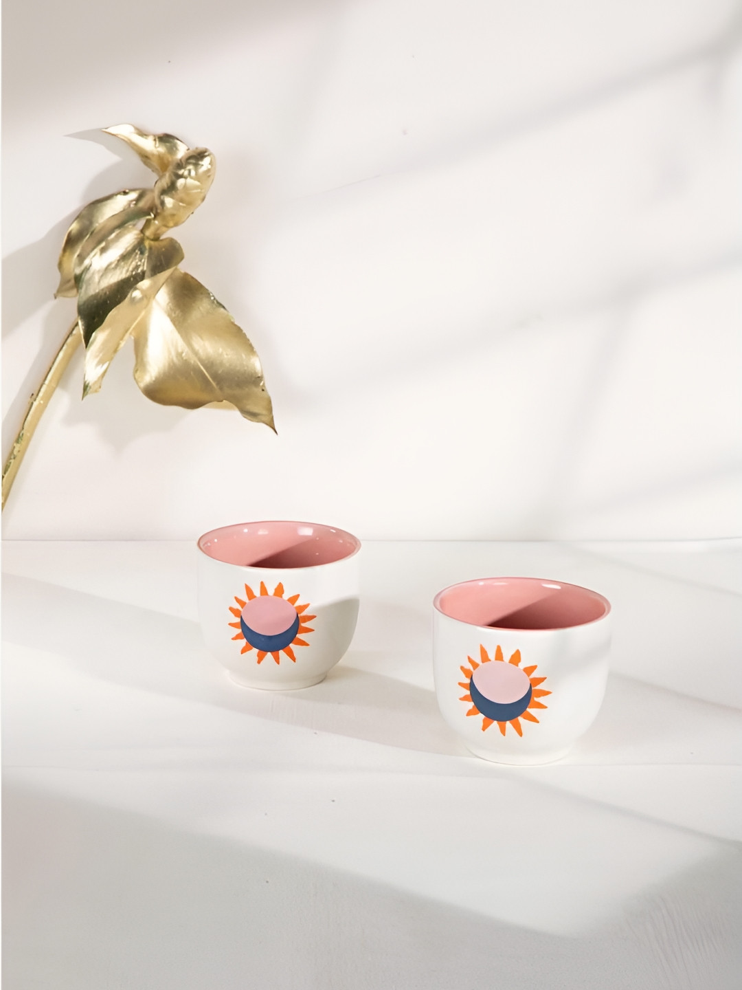 FREEDOM TREE Pink & White Printed 2 Ceramic Matte Kulhad Set of Cups and Mugs