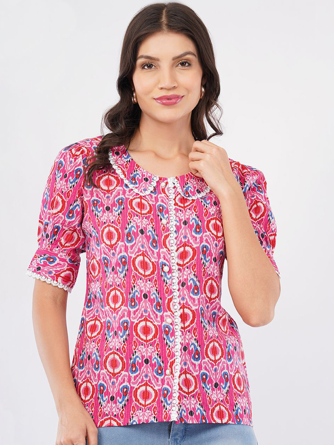 Mishy Printed Lace Inserts Peter Pan Collar Cuffed Sleeve Cotton Shirt Style Top