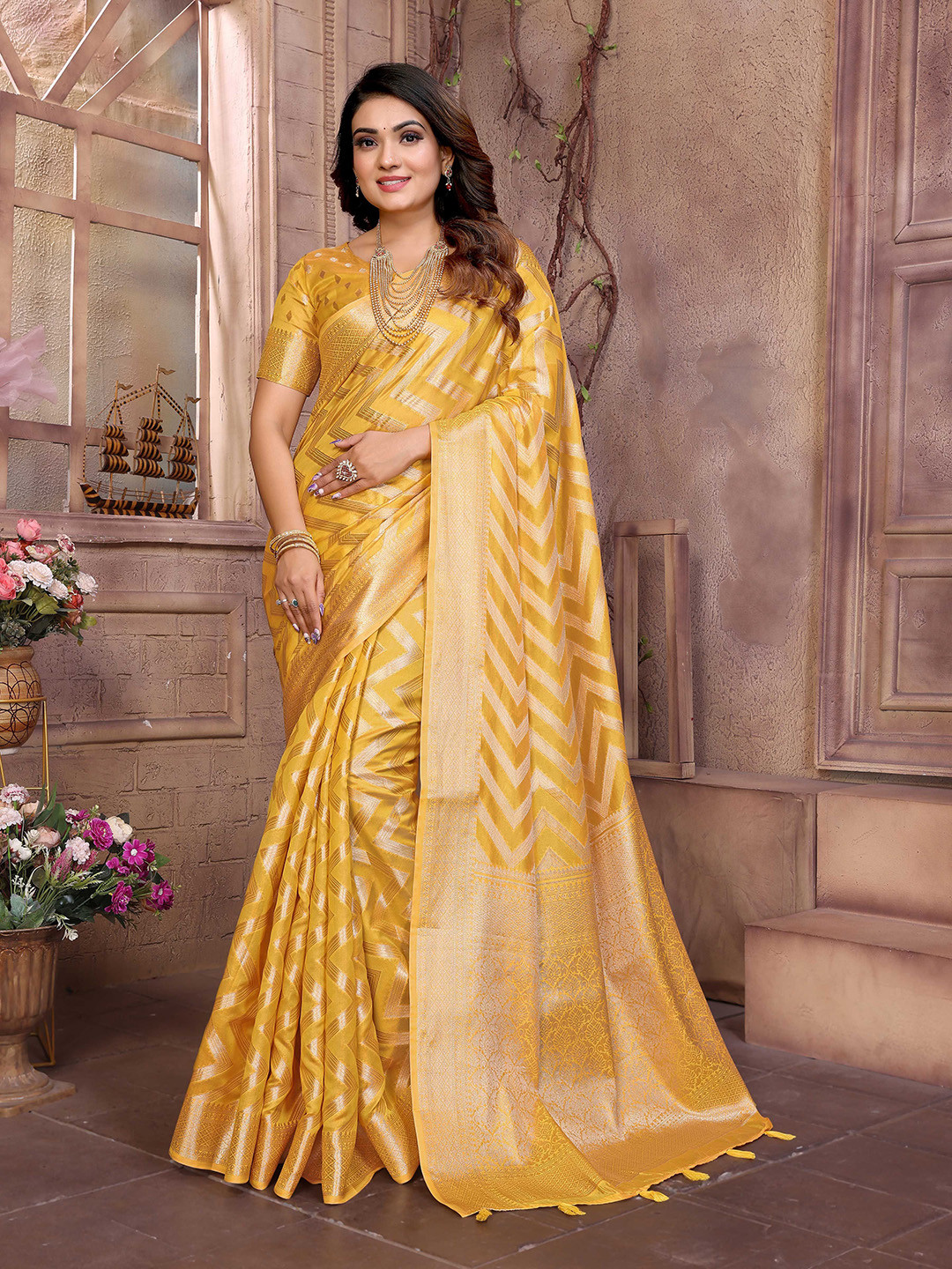 Ekta Textiles Chevron Woven Design Zari Organza Banarasi Saree