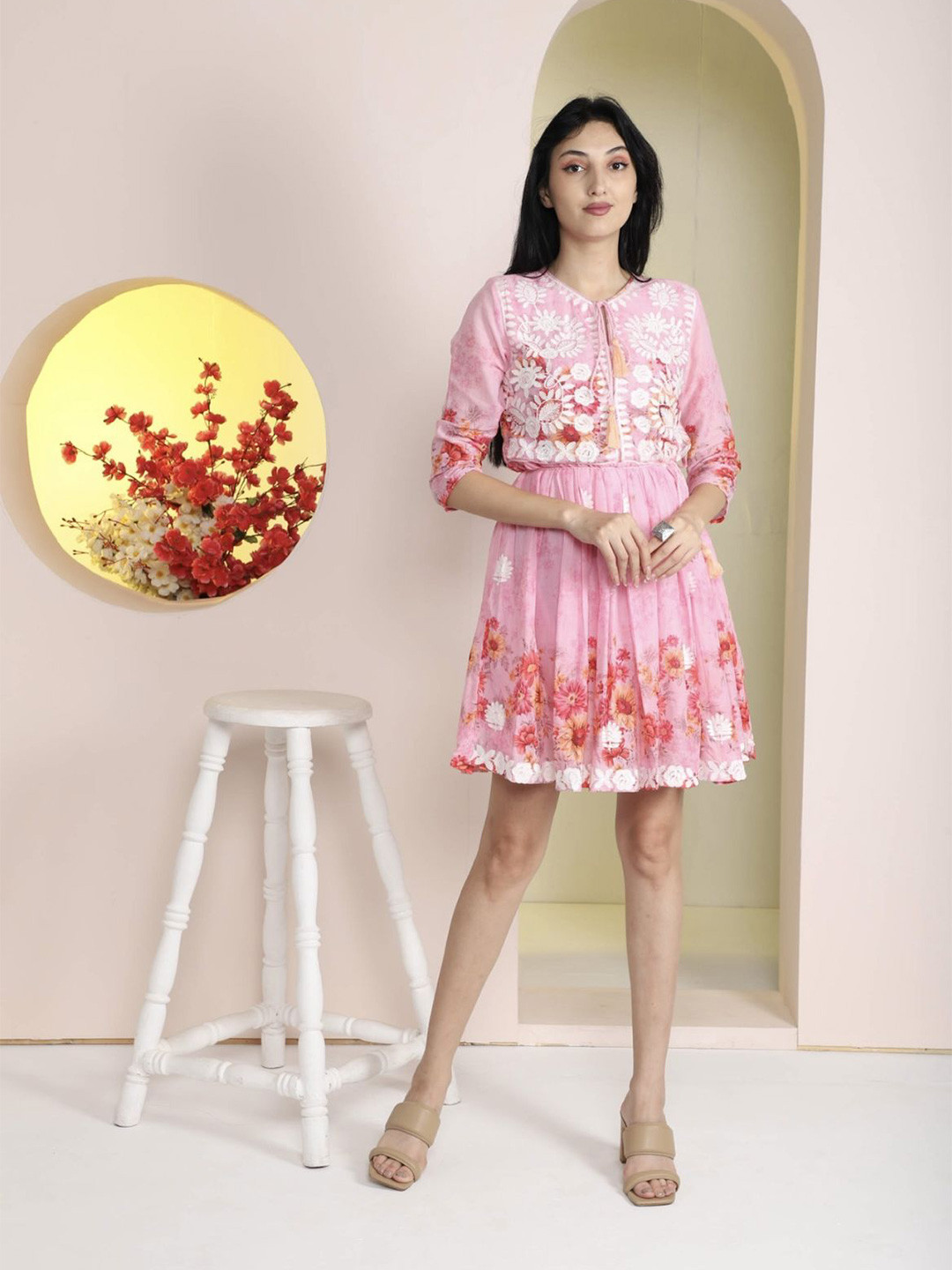 KRIDHAA FASHION BOUTIQUE Women Floral Printed Embroidered Detail Fit & Flare Dress