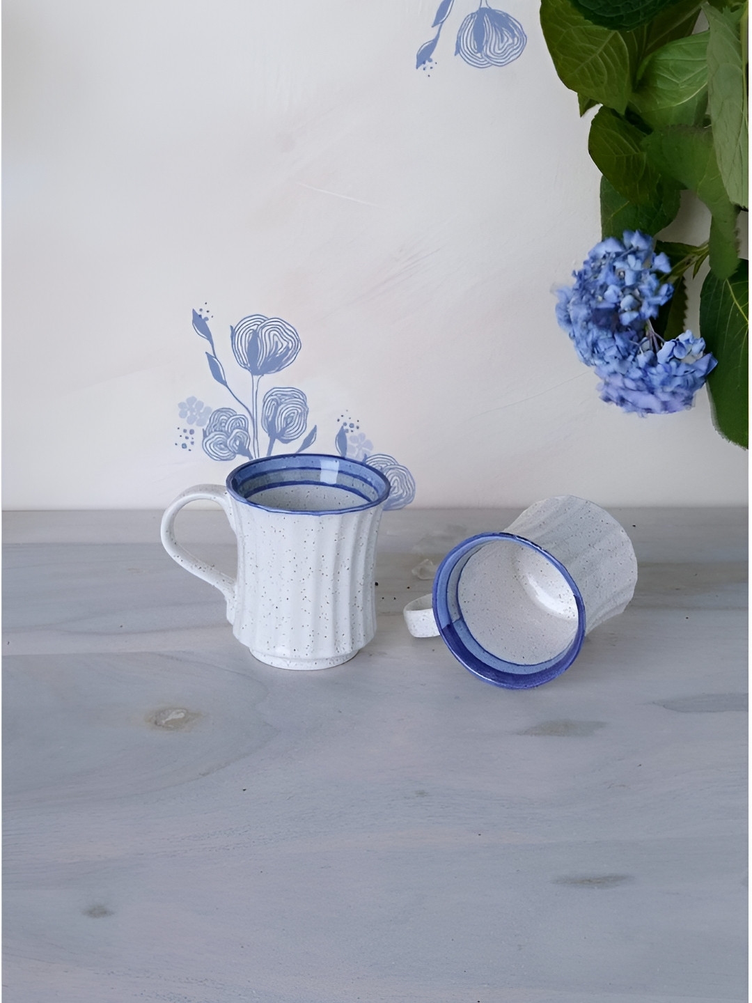 FREEDOM TREE Elae White & Blue 2 Pieces Abstract Printed Ceramic Matte Mugs 250 ml