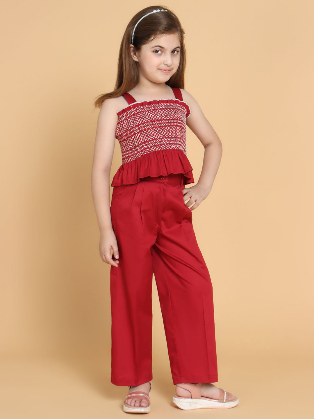 YK Girls Embroidered Smocked Top With Trouser