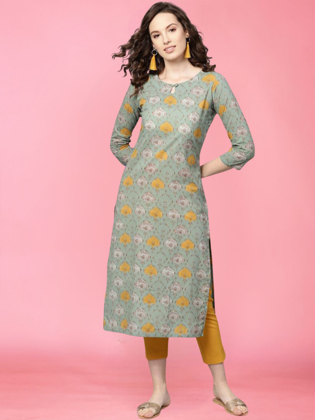 THE FAB FACTORY Women Floral Printed Cold-Shoulder Sleeves Thread Work Crepe Kurta