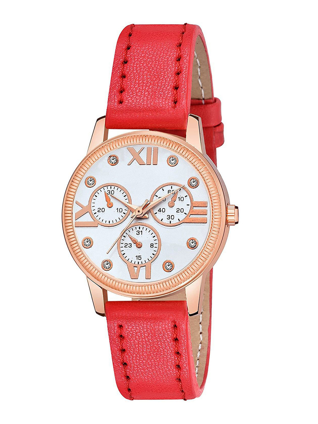 CSAMON Women Patterned Dial & Straps Analogue Watch C25RG_WH Mina RED Leather_F