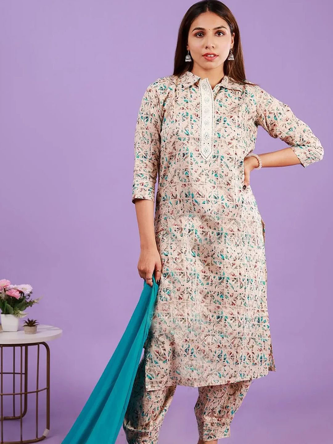 NEED APPARELS Floral Printed Shirt Collar Pure Cotton Kurta With Dhoti Pants & Dupatta