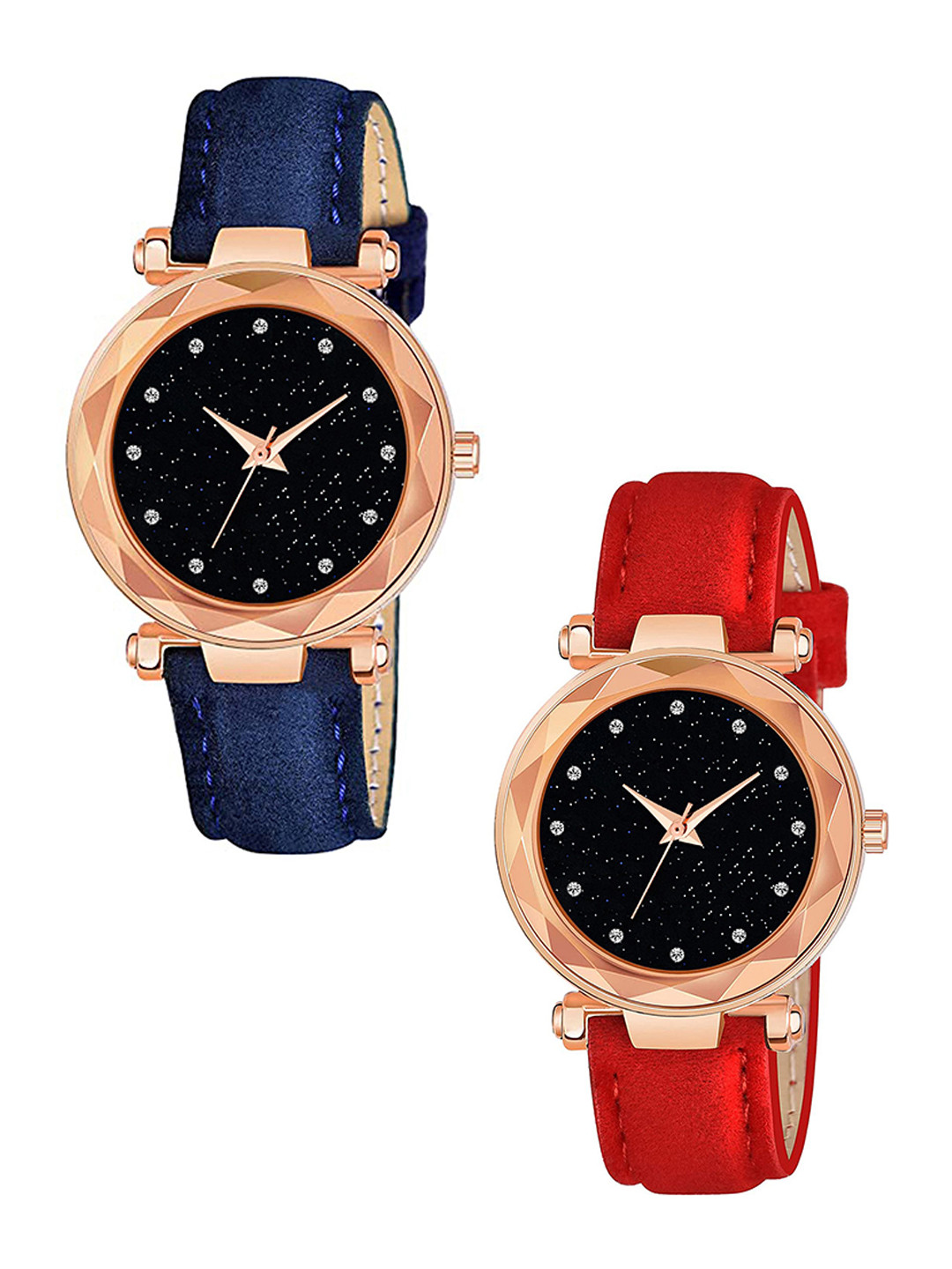CSAMON Women Pack of 2 Embellished Dial & Textured Straps Watch GR379RG 12D BLU RED Vel L
