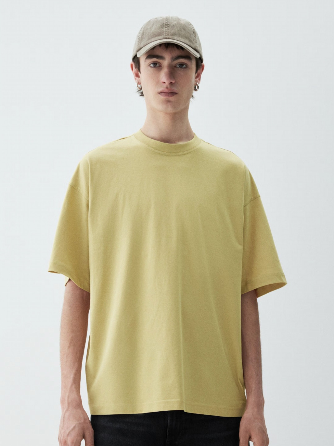 WHITE HUSK Solid Oversized Cotton T-shirt