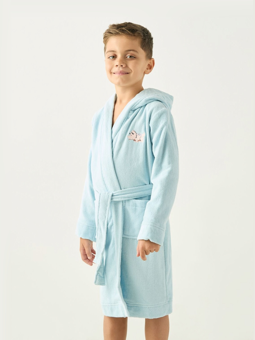 Juniors by Babyshop Boys Embroidered  Cotton Hooded Robe with Tie-Up Belt & Pockets
