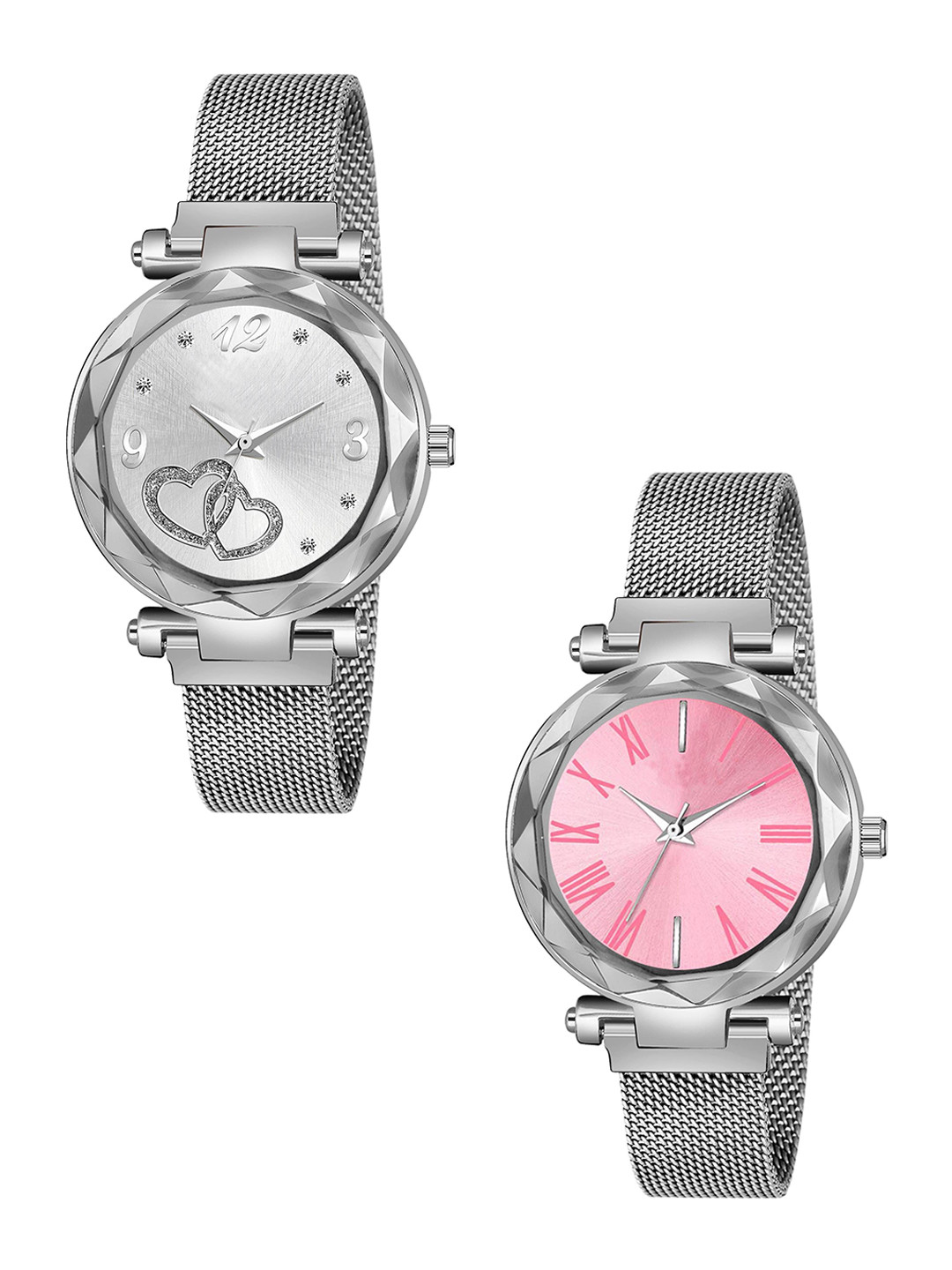 Gopal Shopcart Unisex Set of 2 Bracelet Style Watch GR_103_Pink_Roman_Silver Maganet